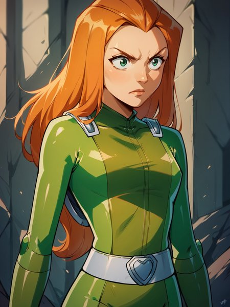 score_9, score_8_up, score_7_up, score_6_up, score_5_up,   <lora:SamTSXLP:1> samts, 1girl, long hair, solo, green eyes, orange hair, green bodysuit, belt