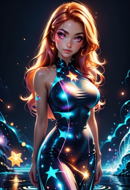 score_9, score_8_up, score_7_up, score_6_up, score_5_up, score_4_up score_9,score_8_up, digital art, realistic 3D illustration, 
BREAK, 
neon coloring, cute, chibi, kawaii, girl Silhouette, magical nebula eyes, full body dress, standing on water, glowing long hair, dark background, many neon stars behind, serene, reflection, paint dripping, outline color, clean, sharp edges, minimalist, color black, 
BREAK, 
upper body, 
(head tilt, portrait:1), 
subsurface scattering, soft lighting, contemplative expression, dark background, subtle makeup, high-resolution, detailed texture, emotional depth, dramatic mood, serene atmosphere, cinematic lighting. perfectly round breasts, big breasts, firm breasts, SkinHairDetail, eye contact, looking at viewer, cowboy shot,