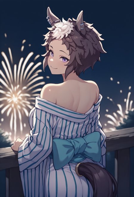 anime, masterpiece, best quality, solo, 1girl, mjry, horse tail, ear piercing, smile, looking back, short hair, two-tone hair, brown hair, white hair, animal ears, ear ornament, purple eyes, japanese clothes, white kimono, vertical-striped kimono, off shoulder, aqua sash, bare shoulders, outdoors, night, fireworks
<segment:yolo-Anzhc Face seg 640 v2 y8n.pt,0.4,0.5//cid=1>