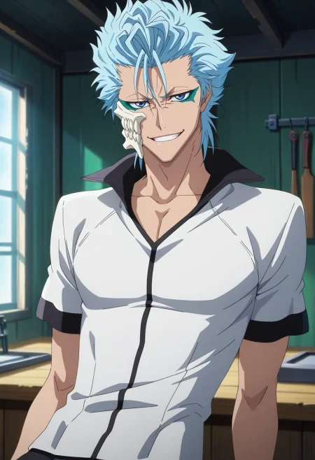 masterpiece, best quality, intricate details, anime screencap, anime coloring, , looking at viewer, , 1boy, solo, male focus, <lora:grimmjow_jaegerjaquez_ilxl:0.92>, grimmjow_jaegerjaquez, blue hair, blue eyes, facial mark, arrancar, mask, short hair, rule of thirds, workshop, indoors, light, leaning back, seductive smile, short sleeve shirt,