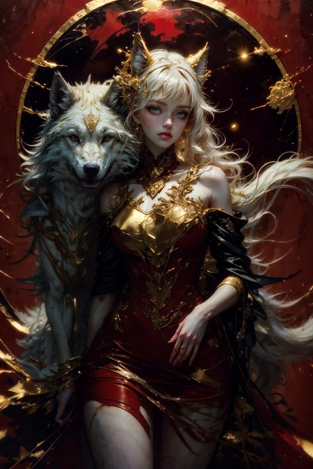 (masterpiece, best quality, ultra-detailed:1.2), 1girl, perfect curves, (g0ld3mb, gold:1.1), (glimmering galaxy dress:1.1), long straight blonde hair, laced hair, wrapped in white silk, (red background:1.2), riding a wolf  <lora:tools/epiNoiseoffset_v2> <lora:freckledvixon_gold_leaf_style_v1.0:1:LBW=0,0,0,0,0,0,0,1,1,1,1,1,0,0,0,0,0;>