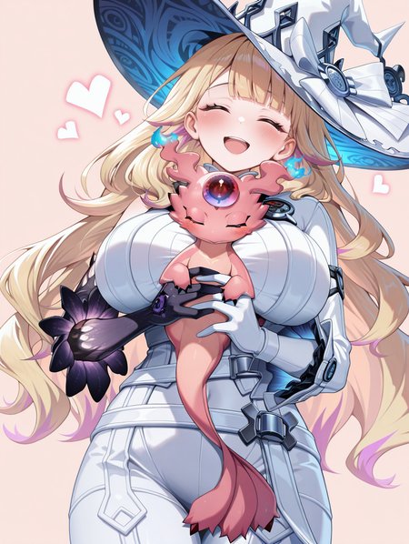 diabellze the original sinkeeper,1girl,heart,open mouth,simple background,blush,smile,cowboy shot,large breasts,closed eyes,solo,white witch hat,white bodysuit,single purple elbow glove,1other,creature,holding creature,snake eyes poplar,
masterpiece,best quality,amazing quality,very aesthetic,absurdres,newest,<lora:diabellstar the black witch and original sinkeeper illuXL v1.2:0.8>,