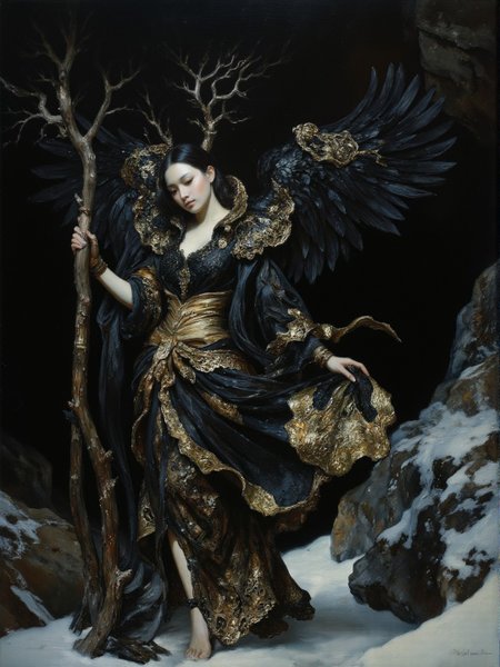 Color Field Painting <lora:AS_3:0.6>, low-angle view, Taiwanese, water theme, white-toned photo of an abyssal mature rococo clothed feathered weeping wood elemental walking in a dark pristine Cave, intricate black and gold and brass filigree details, magical, frozen, billowing dark glitter, very detailed,  The background is a dark  textured glass. <lora:flux.1_lora_flyway_Epic-detail_v2:0.55> <lora:flux_realism_lora:0.35> <lora:Midjourney_Whisper_Chromaplex_Velvet_Myst_v01:0.25>