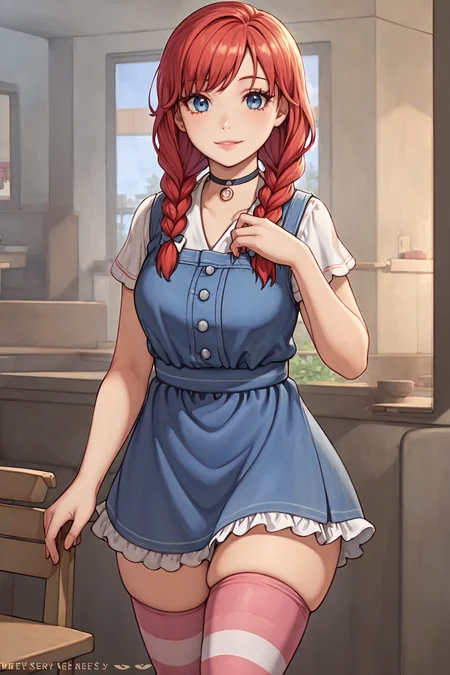 best quality, masterpiece, detailed background, highly detailed, intricate, detailed face, long eyelashes, detailed eyes, (standing:1.1), (thick thighs:1.0), (medium breasts:1.1), (restaurant:1.3),

(one girl, 1girl:1.1), (solo:1.3), (wendy \(wendy's\):1.3), (light blue eyes:1.1), (red hair:1.1), (swept bangs:1.2), (twin braids:1.1), (blue hair bow:1.1), (thick lips:1.3), (choker:1.1), (pale skin:1.0),

(blue striped dress, frilled dress:1.2), (red striped thighhighs:1.2),

(light smile:1.3), <lora:ChelodoyStyle-V1R1-Fixed-8:1>