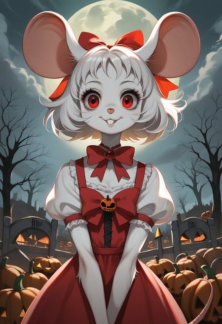 score_9, score_8_up, score_7_up, score_6_up,  
csr_Style, high quality, extremely detailed, cute, creepy girl, mouse girl, mouse ears, furry, mouse tail, mouse snout, mouse nose, Cartoon Type, long white hair, white fur, long ears ribbons, ribbons, witch dress, red eyes, close up, smile, looking at viewer, 
graveyard, dead trees, dark cloudy sky, pumpkins,
