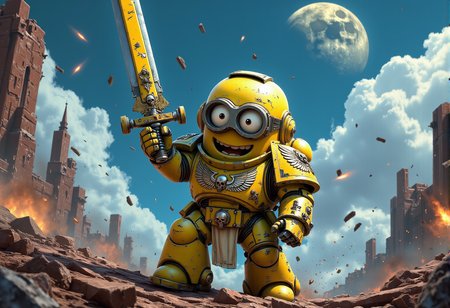 space marine. A short Minion dressed in battle-worn Space Marine armor, chipped but proudly showing Minion insignia and banana-themed purity seals. The Minion is without a helmet (no helmet:2.0), showcasing their iconic Minion goggles, expressive eyes, and wide smile. The Minion is wielding a relic blade with etched Minion logos and banana-colored highlights. The Minion is depicted in a scene such as: standing triumphantly on a pile of rubble, raising a chainsword high, banana insignia glinting in the light. The Minion's expression is shouting fiercely with eyes wide, adding to the comical feel. The scene should be depicted in a colorful but gritty Warhammer 40k style, with bright yellows and blues to emphasize the Minionsâ classic color scheme. The armor and weapons are detailed with ornate designs, but humor is maintained through Minion-themed accessories and comical touches. Witty details include: a bolter adorned with stars and banana stickers, clearly personalized by the Minion. Background elements should resemble classic Warhammer 40k settings but with a humorous Minion twist, such as: a moon in the sky shaped like a banana, casting a surreal but unmistakably funny glow over the battlefield. , <lora:sm2.safetensors:1.0:1.0>