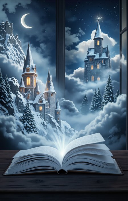 digital artwork depicting a fantastical scene in which an open book lies on a dark wooden table, its pages filled with a snowy landscape. The book's pages are detailed, with a faint text visible. Surrounding the book, a magical, ethereal scene unfolds. On the left, a castle with tall, intricately detailed turrets emerges from the pages, its walls and windows glowing with a warm, golden light. To the right, another castle rises, its spires and towers also illuminated., 
In the background, a crescent moon with a bright, glowing center hangs in the night sky, casting a soft, blue light over the scene. The sky is filled with stars, adding to the dreamlike quality. Clouds swirl around the castles, blending seamlessly into the pages of the book. The overall color palette is dominated by cool blues, whites, and grays, creating a serene and mystical atmosphere. The detailed textures of the castles, the soft, fluffy snow, and the intricate design of the book pages enhance the magical realism of the scene. The setting appears to be an old library, with the window on the right showing a glimpse of a starry night outside., <lora:aidmaImageUpraderv0.3:0.4>, aidmaimageupgrader, <lora:diffusion_pytorch_model:1>, <lora:aidmaMJ6.1_v0.5_3:0.7>, aidmaMJ6.1, ultra quality, ultra detailed, intricate details