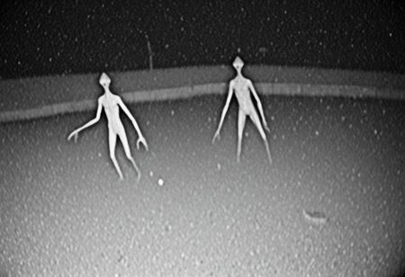 aliencctvlora, black and white nighttime cctv footage of two thin gray aliens skulking around the backyard of a suburban home, (thin bodies:1.2), (big bulbous heads:1.4), tall, long thin arms, thin fingers, long thin necks, (big black eyes:1.4), realistic, grainy cctv, dark footage, dynamic action, candid, olddigitalcamera, raw, light leak, film grain, (jpeg artifacts:0.5), low res