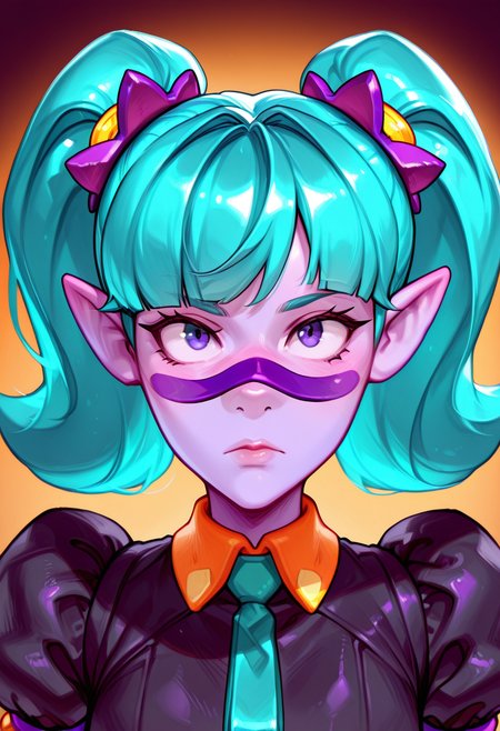 masterpiece, best quality, very aesthetic, absurdres, brawl_stars, 1girl, solo, Emz_harajuku(purple skin, aqua hair, twintails, bangs, (purple band on nose:1.4) ,nose covered, ponty ears,  elf ear,  black dress), portrait, <lora:small_Yo0001_Illust:1>, <lora:Smooth_Booster:0.25>, <lora:AKinuNishimura_Style:0.6>,  <lora:Emz_harajuku:0.8>