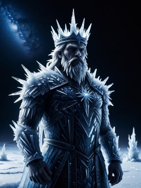 the ice king  covered in mad-ice, snow covered landscape, cinematic shot, stary night sky,  <lora:Ice_SDXL:0.8>, (masterpiece:1.2), best quality