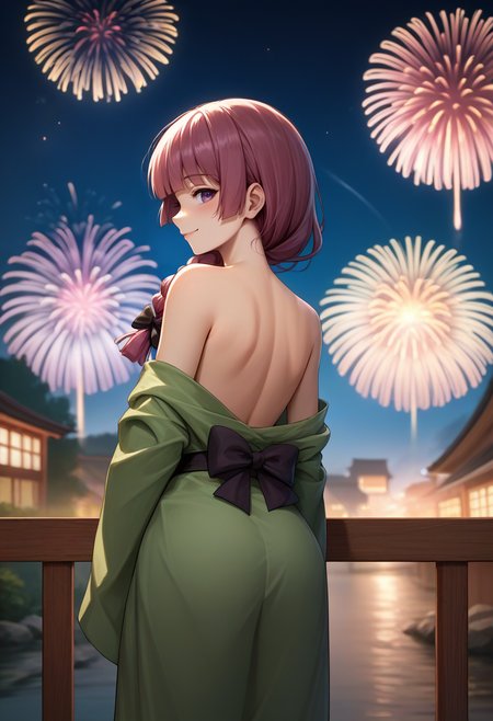 score_9, score_8_up, score_7_up, source_anime, from behind, solo, 1girl, hiroi kikuri, smile, looking back, single braid, hair bow, purple eyes, green kimono, off shoulder, bare shoulders, fireworks <lora:bocchi_hiroi_ponyXL:1>