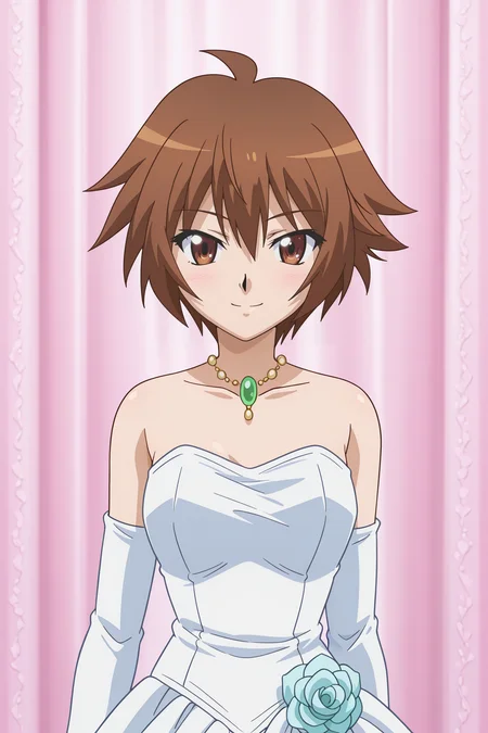 masterpiece, best quality, absurdres, highres, source anime, very aesthetic, very awa, BREAK, anime coloring, anime screencap,
<lora:swing_out_sisters_v1-illustrious_r1:1>, 1girl, chinatsu \(swing out sisters\), brown eyes, brown hair, short hair, ahoge, small breasts,
BREAK, looking at viewer, smile,
BREAK,   elbow gloves, wedding dress, necklace, bare shoulders,