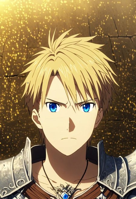 high resolution, solo, best quality, 1Boy, Yamato Ishida, Blond Hair, Blue Eyes, Necklace, dystopia, serious looking, armor, fantasy, OverallDetail