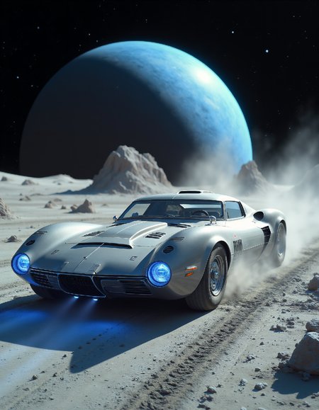 ck-70scf. A sleek, silver sports car with glowing neon blue accents, hurtling across the dusty lunar surface.  The car's tires leave deep tracks in the fine, grey regolith. The Earth hangs large and blue in the distant sky, a stark contrast to the black, cratered landscape.  The car's headlights illuminate the surrounding dust, creating a hazy, ethereal glow. The vehicle's design is aerodynamic and angular, with sharp lines and a low profile.  The scene is captured in a dynamic, action-packed style with a sense of speed and motion.