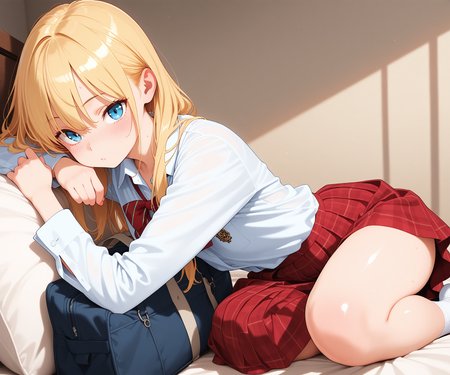 masterpiece, best quality, amazing quality, sfw, 1girl, solo, shirt, ,  skirt, blonde hair, , looking at viewer,  , <lora:Key style ILL-v2:1.4> keystyle,