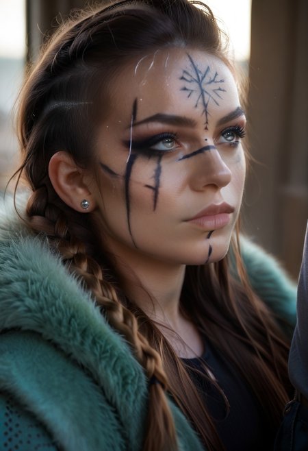 score_9, score_8_up, score_7_up, 
w1k1ngm4k2up, wikingmakeup, wiking makeup, 1girl, solo, long hair, brown hair, black hair, 1boy, jewelry, closed mouth, upper body, braid, male focus, earrings, black eyes, lips, looking to the side, tattoo, scar, facial mark, looking away, piercing, realistic, dark, facepaint
