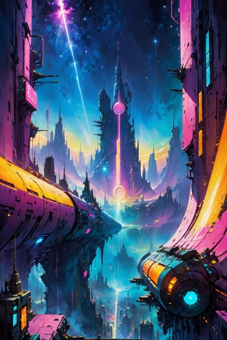 skyline of a dense and sprawling city on a junkworld, cyberpunk, night, neon signs, spotlights, hologram,smoke, magenta, teal and yelelow neon lights,  glowing, ethereal light,starry sky, bustling, cosmic hues, vibrant colors, watercolor style, surreal lighting, futuristic motifs, vivid colors, detailed digital art <lora:Painted World-000006:0.7> painted world, colorful splashes<lora:EnvyJunkworldXL01:0.8>  <lora:John Berkey Style:1> John Berkey Style page, (masterpiece:1.2), best quality, (hyperdetailed, highest detailed:1.2), high resolution textures, <lora:EnvyBetterHiresFixXL01:1>