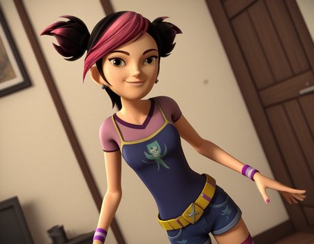 score_9, score_8_up, score_7_up, source_anime, <lora:miko-nakadai-cartoon-ponyxl-lora-nochekaiser:1>, miko nakadai, short hair, black hair, pink hair, multicolored hair, two-tone hair, twintails, streaked hair, 3d,, jewelry, earrings, wristband, camisole, shirt, short sleeves, striped, striped kneehighs, belt, shorts, denim,, indoors, smile, looking at viewer, solo,, cowboy shot, dutch angle