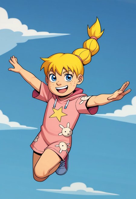 score_9, score_8, score_7, incogstyle, CHkatiepower, 1girl, ((solo)), in mid air jump, smiling, looking at viewer, child