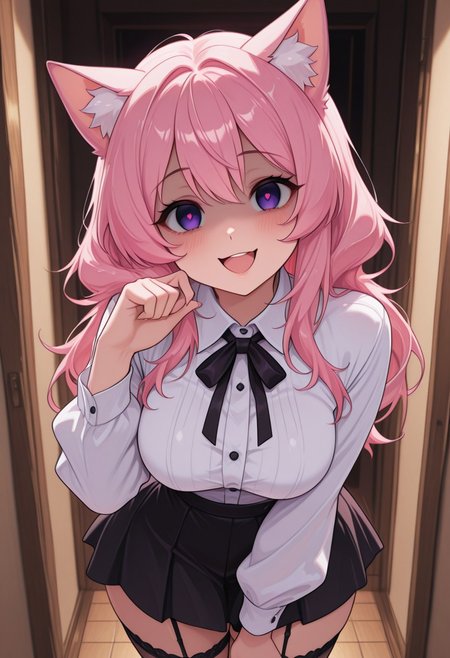 (masterpiece, best quality:1.3), purple_eyes, pink_hair, stockings, cat_ears, yandere, happy, medium breasts, loving_gaze, looking_at_viewer, BehindCatgirl, CatGirlStyle, white shirt with buttons, black skirt, posing for viewer