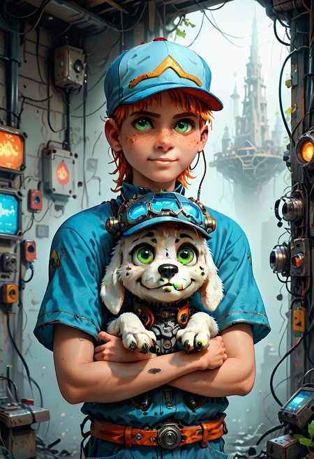 evi@decrepPunk, score_9, score_8_up, score_7_up,andy_heart _of_darkness, freckles, hat, white  dog Decrepit Bot, pet Decrepit Bot,1boy, smile,green eyes, holding, male focus, blue headwear, shirt, upper body, orange hair, baseball cap, short sleeves, blue shirt,  Decrepit CyberPunk background, zPDXL3