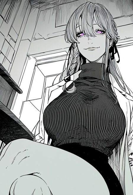 Maria akeboshi, long hair, hair ribbon, braid, hair between eyes, purple eyes, wral artstyle, Expressiveh, score_9, score_8_up, score_7_up, source_anime BREAK 1girl, solo,large breasts,   flat color, dark theme, black turtleneck sleeveless sweater, , black skirt, monochrome, greyscale,
Yandere, smile, closed mouth, lab coat,
Indoors,
sitting on chair, crossed legs, from below,