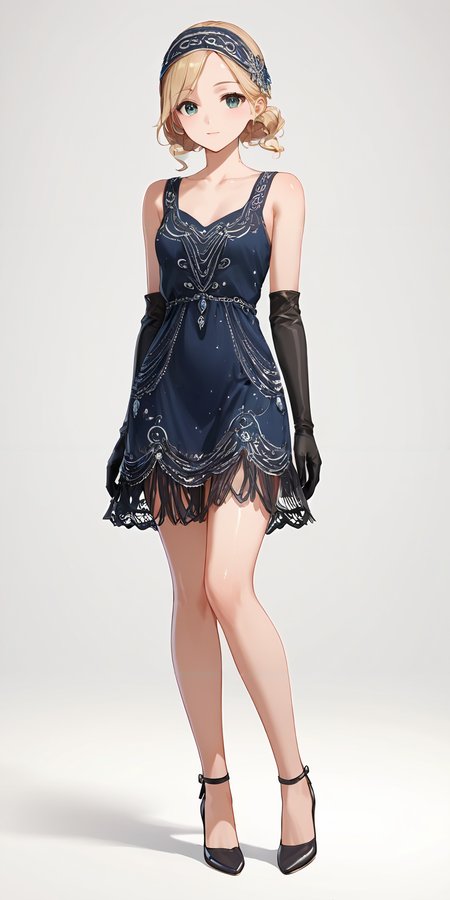 score_9, score_8_up, score_7_up,source_anime, high res image,masterpiece,best quality,girl,cute face,clear skin,shiny hair,ultra detailed eyes,simple background,  <lora:1920s flapper dress_pony_V1.1:0.8> flapper dress, high heels, black elbow gloves, sleeveless,make up