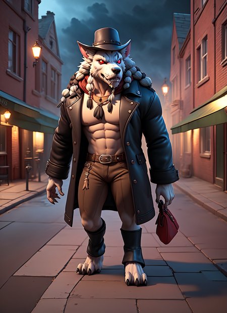 (masterpiece),(best quality),(ultra-detailed), (full body:1.2), 
1boy, chibi, cowboy shot of heworg, muscular, black fur, braids, hat, long leather coat, red eyes, glowing eyes, victorian town outdoors, dark atmosphere, volumetric lighting, best quality, masterpiece, realistic <lora:sxzWorgensWarcraft_sxzWorgen:0.7> <lora:blindbox_V1Mix:1>