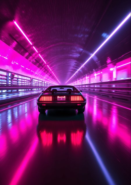 <lora:ck-Neon-Retrowave:1>, ck-nw,  in the style of ck-nw, action shot of a DMC-12 car driving through a tunnel