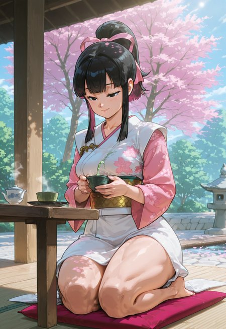 safe_pos, 1girl, chi-chi, long black hair, sidelocks, high ponytail, blunt bangs, black eyes, athletic build, toned body, thick thighs, medium breasts, 
BREAK
elegant kimono, full length dress, long flared sleeves, pink floral pattern, decorative pattern, white underlayer, golden obi, pink hair ribbon, traditional attire, bare feet, 
BREAK
serene expression, slight smile, graceful posture, elegant pose, kneeling on cushion, tea ceremony, holding teacup, pouring green tea, steam rising, cherry blossom petal on tray,
BREAK  
outdoors, peaceful atmosphere, traditional Japanese garden, low tea table, sakura tree in full bloom, falling petals, stone lanterns, wooden bridge, koi pond, mossy rocks, soft sunlight, dappled shadows, detailed background, 
BREAK
(safe_pos, fine texture, masterpiece, ultra-detailed, very awa, best quality, very aesthetic, absurdres, newest, volumetric lighting, scenery, vibrant, colorful), rating explicit, source anime,  