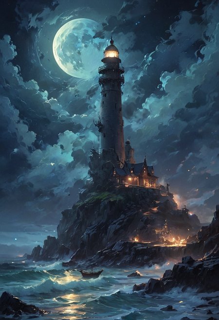 Under the eerie glow of a full moon, a dark and ominous landscape unfolds. A vibrant, (spaniard galleon:1.4) stands by the edge of a serene ocean, its vivid hues contrasting starkly with the foreboding atmosphere. In the background, a lighthouse stands atop jagged rocks, its light cutting through the darkness and reflecting off the ocean's surface, glistening in the moonlight. Thick, swirling clouds loom overhead, adding to the sense of an evil presence. The moonlight filters through the clouds, casting an otherworldly glow over the scene. A falling star streaks across the sky, adding a touch of mysticism to the night. The air is thick with a sense of ancient secrets and dark magic, as if the very night is alive with hidden power.  [romantic impressionism,dream scenery art,beautiful oil matte painting,romantic,style of thomas kinkade,beautiful digital painting,anime landscape,romantic painting,dreamlike digital painting,colorful painting,beautiful gorgeous digital art,style of greg rutkowski,janek sedlar,jenny saville:0]  <lora:vivid_everclear:0.6>  <lora:Sinozick:1>