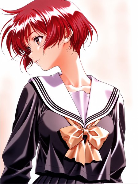 masterpiece,best quality,newest,
1girl,solo,
<lora:nanase_yuuilxl_v1.0:1>,n_yuu,short hair,red hair,brown eyes,y_clothes,black serafuku,long sleeves,pleated skirt,
<lora:Fixhands_anime_bdsqlsz_V1:1>,upper_body,sideways_glance,looking_at_viewer,white_background,simple_background,profile,smile,parted lips,