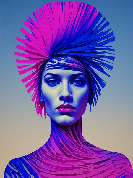 surreal deconstructed portrait of a female face, voluminous hair, abstract background, <lora:DeconDada:2> Persian indigo,Silver sand,Egyptian blue,Sizzling Sunrise,Neon fuchsia
