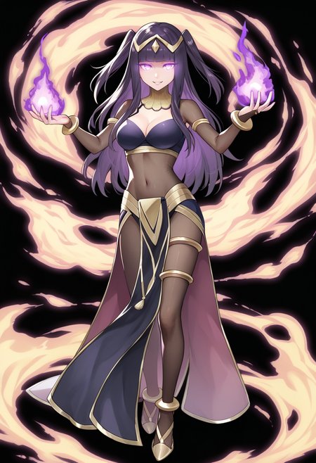 score_9, score_8_up, score_7_up, source_anime BREAK <lora:feh-style-richy-v1_pdxl-05:1> 1girl, standing, full body, bodystocking, tharja \(fire emblem\), fehspc, full body, standing, black background, hands up, smile, looking at viewer, glowing eyes, purple eyes, tiara, two side up, burning, cleavage, breasts, navel, body stocking, pelvic curtain, see-through, bracelet, bridal gauntlets, casting, black magic, purple theme, miasma, purple fire