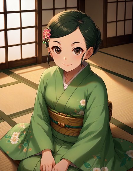 score_9,score_8_up,score_7_up,1girl,solo,sitting,seiza,looking at viewer,smile,closed mouth,indoors,tatami,front view,
<lora:shutouaoi_ponyXLV6:0.8>,cgsao,black hair,parted bangs,hair bun,brown eyes,
green kimono