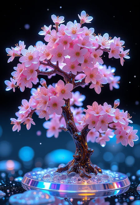 Glass cherry blossom tree, made of glass, completely transparent, reflective iridescent surface, glass art, colorful, translucent, Space, Lunar Surface, Cherry blossoms glow faintly, 
best quality, sharp focus, high contrast, colorful, ultra quality, 8k, best quality,,
<lora:FluxGhost-000000.9:0.9> Ghostlystyle,,<lora:RM_Artistify_v0.7.0M:0.9>,,<lora:Comic book V2:0.5> Comic book style,