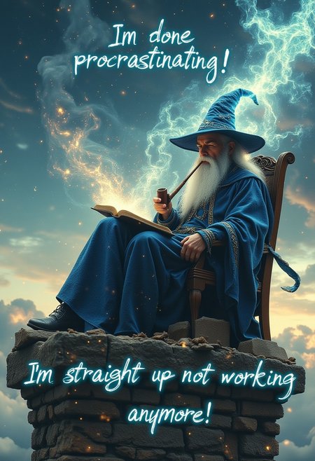 An old wizard with a long white beard, wearing a classic pointed wizard hat, sits comfortably in a wooden chair on top of his stone wizard tower. He leisurely smokes a pipe, with magical smoke swirling in the air around him, creating faint glowing shapes. The tower’s top is high above the clouds, and a vast sky stretches out in the background, giving the scene a tranquil, isolated vibe. At the top of the image, large whimsical text reads: "I'm done procrastinating!" Further down, near the bottom-middle of the image, text in a similar whimsical style reads: "I'm straight up not working anymore!" The text is a key focal point, blending humorously into the laid-back, magical atmosphere. aidmaMJ6.1, hkmagic