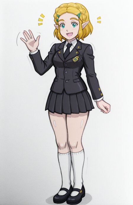 1girl, solo, latex, school uniform, collared shirt, necktie, pleated skirt, knee socks, mary janes, formal, standing, one hand waving, joyful laugh, bright expression, carefree energy, <lora:Zelda-IL-v2:0.5>, ChopioZelda, blonde hair, aqua eyes, pointy ears, short hair, crown braid, sidelocks, parted bangs, hairclip,
 <lora:SnidelyOne:1> snidley, traditional media, sketch, hatching \(texture\), colored pencil \(medium\), , extremely detailed, highres, masterpiece, best quality