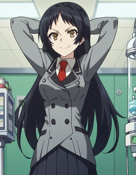 score_9, score_8_up, score_7_up, source_anime, <lora:ayame-kajou-s1-ponyxl-lora-nochekaiser:1>, ayame kajou, long hair, black hair, brown eyes, yellow eyes, medium breasts,, skirt, school uniform, pleated skirt, necktie, black skirt, red necktie, grey blazer, long sleeves,, laboratory, beakers, microscope, scientist, experiments, smile, hands behind head,, looking at viewer, solo,, dutch angle, cowboy shot