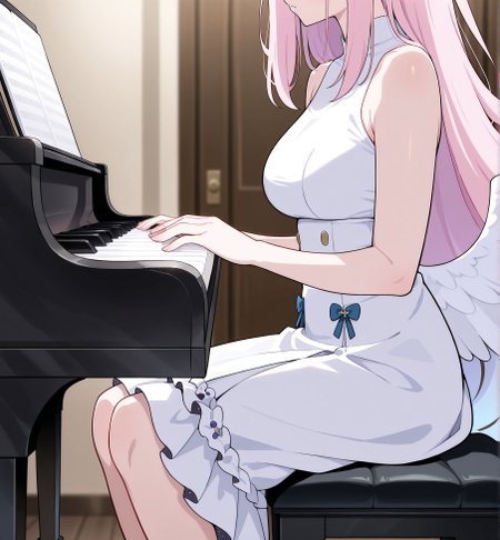 masterpiece, best quality, newest, absurdres, highres, detailed eyes, beautiful, detailed background, perfect eyes, anime coloring, anime screencap,
<lora:Erotic_Pianist:0.7> Erotic_ianistV1,
1girl,piano,instrument,breasts,
solo,sitting,piano bench, head out of frame,faceless female, 
play piano, hands on keyboard \(instrument\), from side, 
BREAK   
 white dress,
fat man,faceless male, blue_archive, mika (blue archive), blue archive,