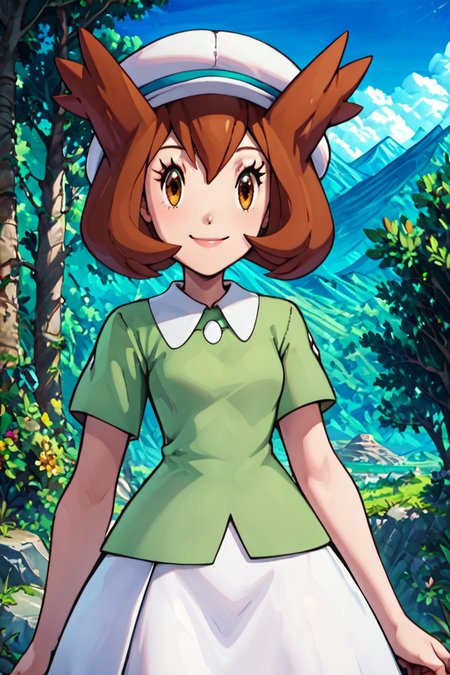 score_9, score_8_up, score_8, medium breasts, (curvy), cute, eyelashes,       BREAK, , zzBianca, brown hair, brown eyes, medium hair, hair between eyes, short sleeves, green shirt, collared shirt, white hat, skirt, white skirt, <lora:Bianca_PokemonHeroes_PDXL_v2:0.7>,, BREAK, looking at viewer, smile, outdoors, sky, day, cloud, tree, blue sky, mountain, cowboy shot, ,,, embedding:zPDXL, Expressiveh, <lora:Alola_Style_PDXL:0.8>,  <lora:CatalystStylePDXL:0.8>,  <lora:Expressive_H-000001:0.4>,