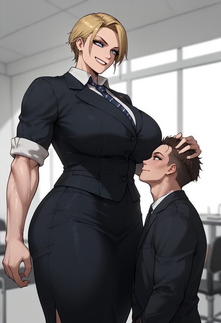 <lora:Nia-PonyXL-1024px:0.9>
score_5_up, score_6_up,
1girl, giantess tall female, muscular female, huge breasts,  punk haircut, blue eyes, CEO office outfit, hand on another's head, smirking, 1boy, size difference