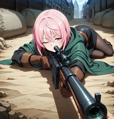 masterpiece,best quality,amazing quality,very aesthetic,absurdres,newest, huge filesize,
<lora:spo_sdxl_10ep_4k-data_lora_webui:0.5>,nageki no bourei wa intaishitai, official art, 
1girl, holding gun, sniper rifle, science fiction,  on stomach, aiming at viewer, solo focus,  solo,
one eye closed, half-closed eyes, arm on sandbag,
BREAK
pink hair,short hair,green cloak,
bow at the neck,black outfit,leather belt,
pouches,
 black pantyhose, 
confident expression,
medieval-inspired design,fantasy attire,
<lora:Let_This_Grieving_Soul_Retire_Sitri_SMART_IL:0.8>