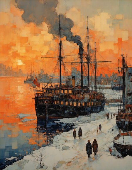 A digital painting depicting a historical maritime scene set at dusk. The sky is ablaze with a fiery orange and yellow glow, reflecting off the calm waters below. A large, dark steamship named "JEANNE D'ARC" dominates the left side of the image. The ship is emitting thick black smoke from its chimney, adding to the dramatic atmosphere. The ship's decks are lit with warm yellow lights, casting a soft glow onto the water.

On the right side of the image, a smaller, elegant sailing ship is docked. The ship has multiple masts and sails, with the rigging and sails adorned with red and white flags, adding a splash of color to the scene. Several figures, dressed in period clothing including long coats, hats, and scarves, are walking along the icy, snow-covered ground, with the snow and ice patches visible in the foreground.

The background features more ships and docks, with a few figures walking or standing on the decks. The overall color palette is dominated by warm earth tones, with highlights of the ships' colors contrasting against the muted tones of the snow and ice. The painting captures a sense of historical grandeur and the beauty of a winter sunset.