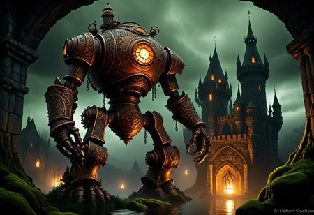 giant bipedal robot dirty pale orange and dark green, bronze paisley robot. lacy robot metal kettle head. outside of a steampunk keep. large detailed torso. dark image. one forty foot tall ancient robot with great arms and two heavy spring legs. dark foggy night background. $dark foggy night image only. dark photo realistic image. steampunk details. cogs, chains and pipes incorporated in the fantasy buildings. magic wizards tower in background. Dark swamp, moss, castle ruins, wizards tower. stormy dark night.  stormy sky.