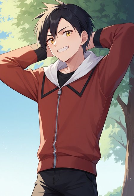 score_9, score_8_up, score_7_up, source_anime, highly detailed, 
pokegold, 1boy, male focus, solo, jacket, pants, black hair, closed mouth, long sleeves, red jacket, hood, white hood, short hair,  zipper pull tab, bangs, standing, yellow eyes, t-shirt, black pants, black t-shirt, smile, grin, hands behind head,
outdoor, tree, sky,
