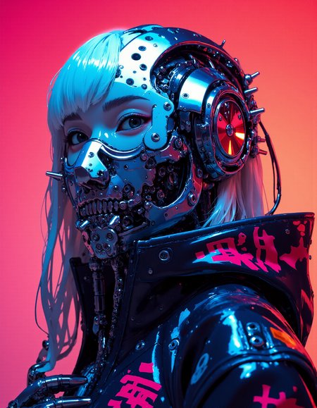 cinematic film still A digital artwork in the style of cknc, ((4k quality, masterpiece):1.4), ( best quality:1.1), 1 gorgeous girl, solo, (poses full-length:1.3), 3/4 view, (Photorealistic close-up of a futuristic cyberpunk character with long platinum-blonde hair, wearing a high-tech metallic mask with chrome and reflective surfaces, covering their lower face and jaw. The mask has intricate mechanical details, including spikes and tubes, and gives a menacing, intense look. The character wears a black, glossy jacket with red Japanese kanji characters printed on it, adding a strong cultural touch. The background is a solid neon red and pink gradient, which creates a stark contrast with the blue and silver tones of the mask and jacket.Lighting: Neon blue and red lighting, casting a soft but dramatic glow on the characterâs face and mask. Camera and perspective: Side profile, focusing on the mask and expression, capturing the reflections and metallic details. Color Palette: Dominant neon blue and red, creating a futuristic, high-energy atmosphere.), cyborg girl, robotic body, hands, Perfect hand, Perfect feet, science fiction, cable, mechanical parts, (cyborg's hands:1.3), (Shot on Canon EOS R1 camera with RF 24-70mm/2.8 L IS USM), dynamic pose, <lora:Hand v2:1>, <lora:foot feet v1:1>, ultra quality, ultra detailed, intricate details, 8k, epic realistic, beautiful, <lora:BLUE_mk4_angel_FLUX_01:1>, <lora:CPA:1>, <lora:ck-nc-pastel-cyberpunk:1.2> . shallow depth of field, vignette, highly detailed, high budget, bokeh, cinemascope, moody, epic, gorgeous, film grain, grainy