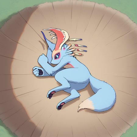 <lora:Elfilis:0.8> Fecto Elfilis, blue fur, multicolored eyes, head wings, colored sclera, fluffy tail
 <lora:meme_yamchapose_ponyXL:0.8> yamchapose, lying, on side, closed eyes