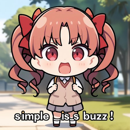 1girl, shirai kuroko, tokiwadai school uniform, 
solo, cute, chibi, 
outdoors,
(english text, "Simple is Buzz"),
best quality,