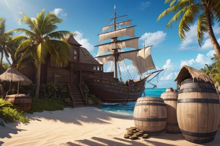 (illustration:1.2), (beautiful caribbean beach pirate landscape), fantasy, sharp focus, (ultradetailed), (ship galleon:1.2), pirate (village), leafy beach coast, (treasure chest with coins, gems and jewels, rum barrel, best quality masterpiece, bright sunny sky, backlight, natural lights, high contrast, hdr, shadows, pretty, beautiful, (PirateDiffusionprt:0.5), <lora:Pirate:0.3> PrateT <lora:PirateRealms:0.3> <lora:Detail Tweaker LoRA add_detail:0.7> <lora:depth_of_field_slider_v1:5> <lora:SDXLrender_v2.0:0.8>